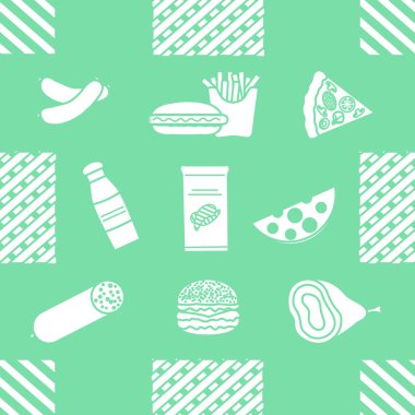 Yemekle kusursuz desen. Sosis, hamburger, peynir, pizza, patates kızartması, cips, sosis, jambon. Sağlıksız bir yaşam tarzı. Fast food Pikniği. Zararlı yeme alışkanlıkları Paket, kumaş, baskı için tasarım
