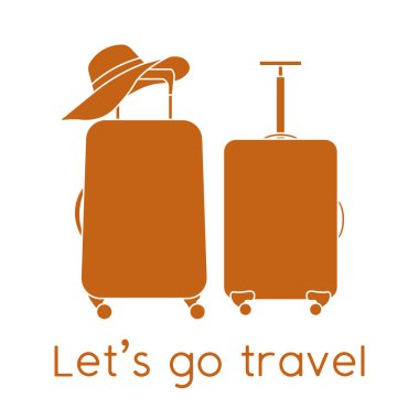 Vektör illüstrasyon valizleri, beyaz arka planda güneş şapkası. Seyahate çıkalım. Yaz tatili, tatil, tatil. Seyahat acentesi, rezervasyon servisi. Web sayfası için dizayn, yazdırma