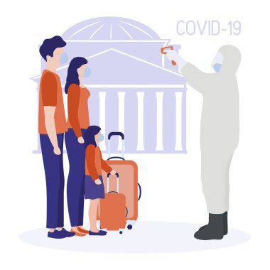 Vector Illustration COVID-19 2019-nCoV İtalyan Adam tehlikeli madde giysisiyle yolcuların sıcaklığını uzaktan ölçüyor. Patojen solunum yolu Çin koronavirüsü SARS salgın riski web sitesi için dizayn, yazdırma