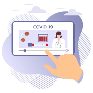 Vektör illüstrasyon 2019-nCoV İnsan Coronavirus COVID-19 hakkında modern bir cihazda bilgi arıyor. Patojen solunum yolu Çin koronavirüsü SARS salgın riski web sitesi için dizayn, yazdırma