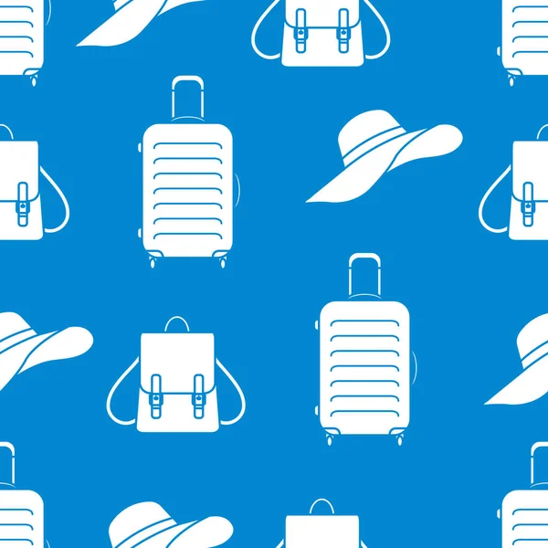 Vector Travel Seamless Pattern Illustration Suitcase Sun Hat Backpack Summer — Stock Vector