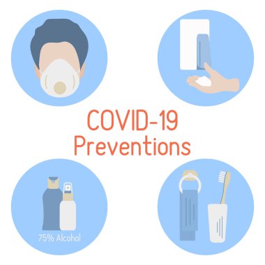 Vektör illüstrasyonu Çin Coronavirüs COVID-19 Virüs 2019-nCoV koruma, enfeksiyon önleme pandemik insanların tıbbi maske takmasını engelleme, dezenfektan, kişisel hijyen ürünleri kullanma, el yıkama
