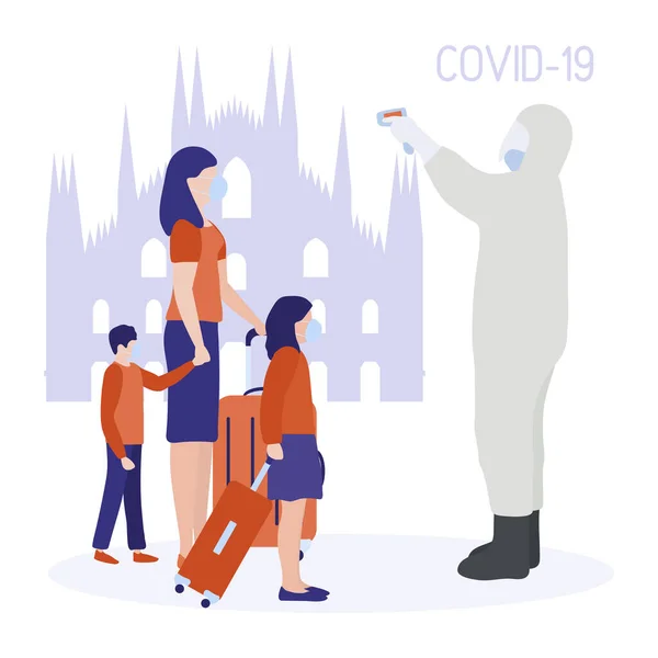 Vektor Illusztráció Covid 2019 Ncov Olaszország Férfi Vegyvédelmi Ruhában Távolról — Stock Vector