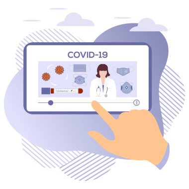 Vektör illüstrasyon 2019-nCoV İnsan Coronavirus COVID-19 hakkında modern bir cihazda bilgi arıyor. Patojen solunum yolu Çin koronavirüsü SARS salgın riski web sitesi için dizayn, yazdırma