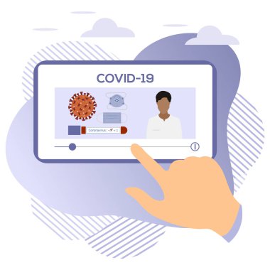Vektör illüstrasyon 2019-nCoV İnsan Coronavirus COVID-19 hakkında modern bir cihazda bilgi arıyor. Patojen solunum yolu Çin koronavirüsü SARS salgın riski web sitesi için dizayn, yazdırma