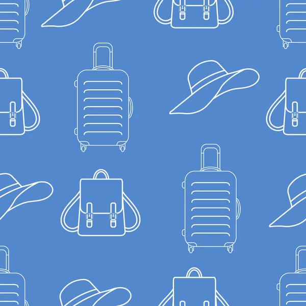 Vector Travel Seamless Pattern Illustration Suitcase Sun Hat Backpack Summer — Stock Vector
