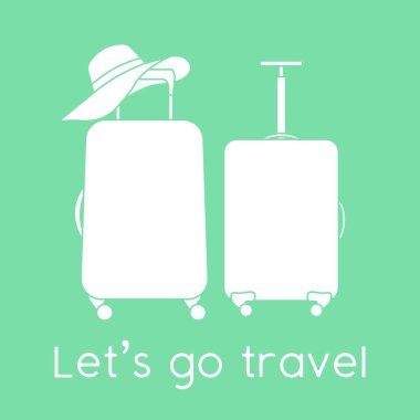 Vektör illüstrasyon valizleri, arka planda izole edilmiş güneş şapkası. Seyahate çıkalım. Yaz tatili, tatil, tatil. Seyahat acentesi, rezervasyon servisi. Web sayfası için dizayn, yazdırma