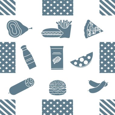 Yemekle kusursuz desen. Sosis, hamburger, peynir, pizza, patates kızartması, cips, sosis, jambon. Sağlıksız bir yaşam tarzı. Fast food Pikniği. Zararlı yeme alışkanlıkları Paket, kumaş, baskı için tasarım
