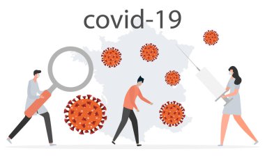 Vector Illustration Chinese coronavirus COVID-19 France Pandemic People virüsü araştırıyor. 2019-nCoV aşısının icadı. İnternet sitesi ve baskı için SARS Çin Virüsü 'nün patojen solunum yollarının yayılmasını durdurun.