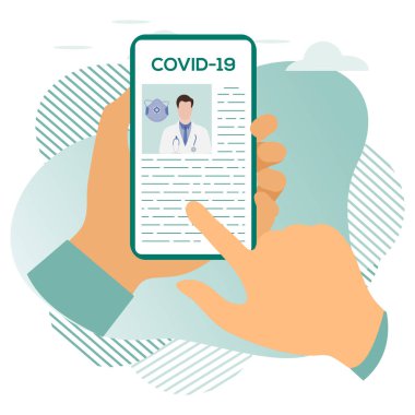 Vektör illüstrasyon 2019-nCoV İnsan Coronavirus COVID-19 hakkında modern bir cihazda bilgi arıyor. Patojen solunum yolu Çin koronavirüsü SARS salgın riski web sitesi için dizayn, yazdırma