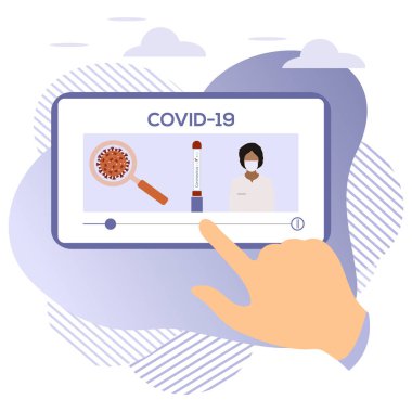 Vektör illüstrasyon 2019-nCoV İnsan Coronavirus COVID-19 hakkında modern bir cihazda bilgi arıyor. Patojen solunum yolu Çin koronavirüsü SARS salgın riski web sitesi için dizayn, yazdırma