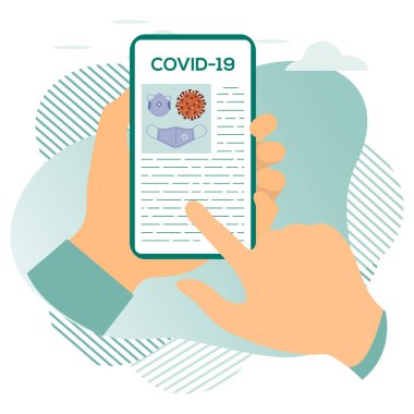 Vektör illüstrasyon 2019-nCoV İnsan Coronavirus COVID-19 hakkında modern bir cihazda bilgi arıyor. Patojen solunum yolu Çin koronavirüsü SARS salgın riski web sitesi için dizayn, yazdırma