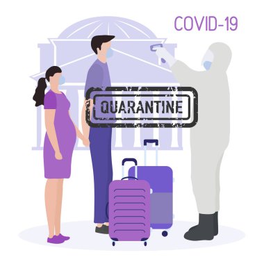 Vektör çizimi karantina. Virüslü turistleri evlerine geri götürmek. Coronavirus Çin virüsü COVID-19 karantina salgını enfeksiyon riskini azaltıyor, hastalık önleme tedbirleri evde kalıyor. Sağlık hizmetleri