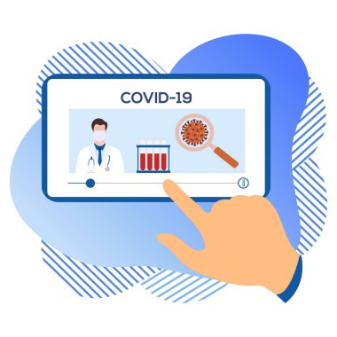 Vektör illüstrasyon 2019-nCoV İnsan Coronavirus COVID-19 hakkında modern bir cihazda bilgi arıyor. Patojen solunum yolu Çin koronavirüsü SARS salgın riski web sitesi için dizayn, yazdırma