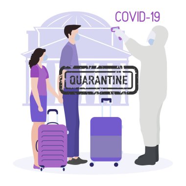 Vektör çizimi karantina. Virüslü turistleri evlerine geri götürmek. Coronavirus Çin virüsü COVID-19 karantina salgını enfeksiyon riskini azaltıyor, hastalık önleme tedbirleri evde kalıyor. Sağlık hizmetleri