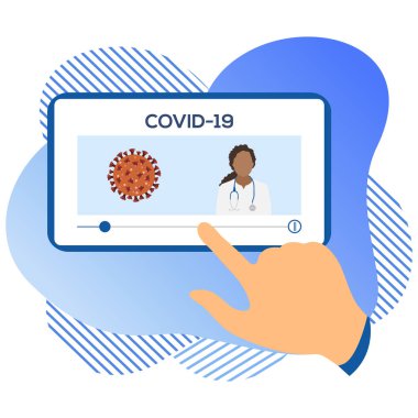 Vektör illüstrasyon 2019-nCoV İnsan Coronavirus COVID-19 hakkında modern bir cihazda bilgi arıyor. Patojen solunum yolu Çin koronavirüsü SARS salgın riski web sitesi için dizayn, yazdırma