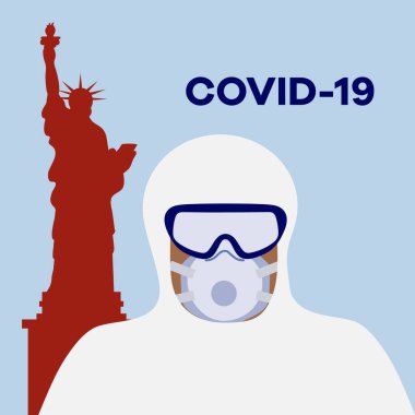 ABD Coronavirus Pandemik Karantina Çin virüsü COVID-19 Tehlike 2019-NCoV Grip salgını Tehlikeli Amerikan heykeli Doktor Hazmat kıyafeti, maske, koruyucu gözlükler sağlık riski