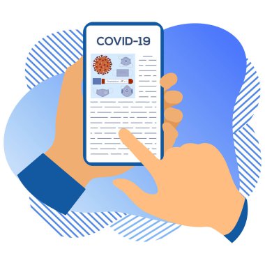 Vektör illüstrasyon 2019-nCoV İnsan Coronavirus COVID-19 hakkında modern bir cihazda bilgi arıyor. Patojen solunum yolu Çin koronavirüsü SARS salgın riski web sitesi için dizayn, yazdırma