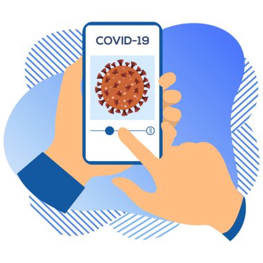 Vektör illüstrasyon 2019-nCoV İnsan Coronavirus COVID-19 hakkında modern bir cihazda bilgi arıyor. Patojen solunum yolu Çin koronavirüsü SARS salgın riski web sitesi için dizayn, yazdırma