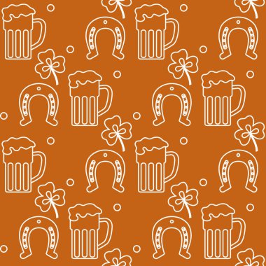Yonca yapraklı kusursuz desen, bira kupası, at nalı. Aziz Patrick Günü. Tatil geçmişi. İrlandalı vektör modeli. Pankart, poster, tekstil, baskı için tasarım.