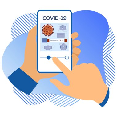 Vektör illüstrasyon 2019-nCoV İnsan Coronavirus COVID-19 hakkında modern bir cihazda bilgi arıyor. Patojen solunum yolu Çin koronavirüsü SARS salgın riski web sitesi için dizayn, yazdırma