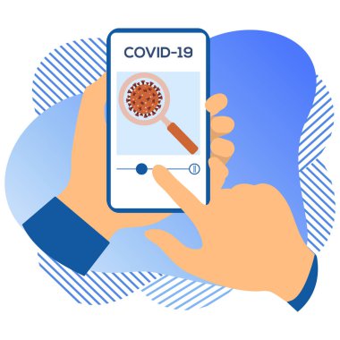 Vektör illüstrasyon 2019-nCoV İnsan Coronavirus COVID-19 hakkında modern bir cihazda bilgi arıyor. Patojen solunum yolu Çin koronavirüsü SARS salgın riski web sitesi için dizayn, yazdırma