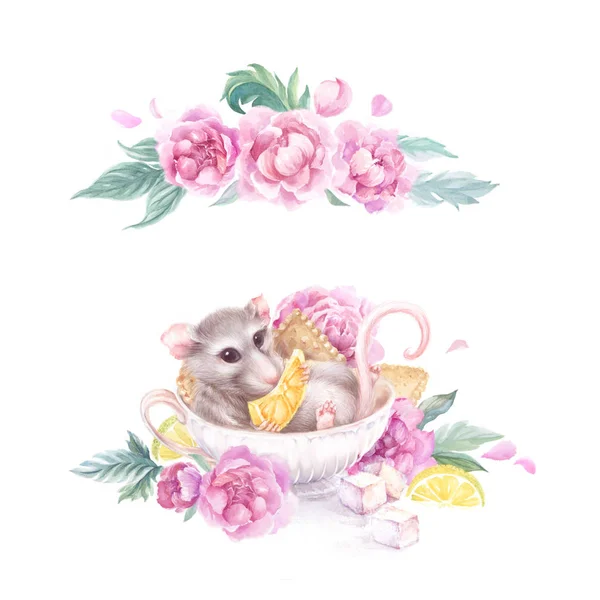 watercolor illustration with a rat in a tea cup with cookies and pink peonies