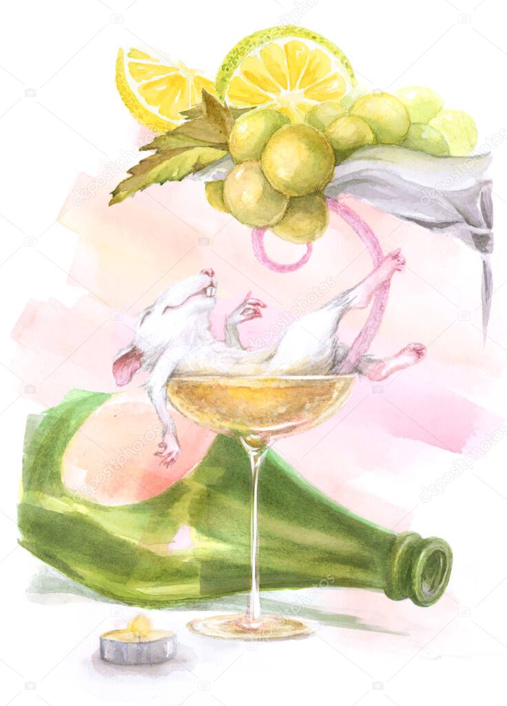 watercolor illustration with a rat in a glass, a bottle of wine and a vase of fruit