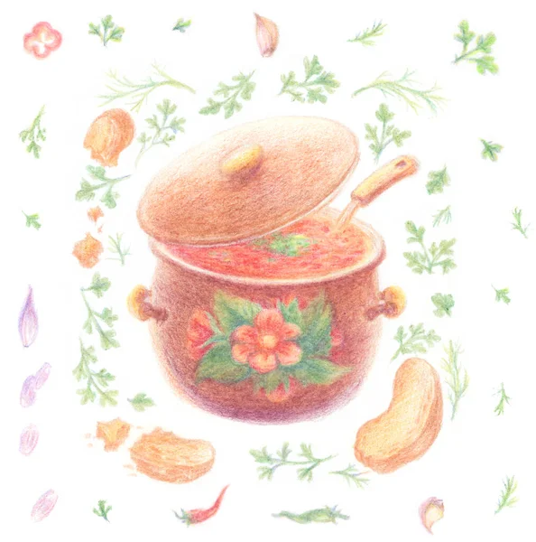 Χρωματιστά Μολύβια Χωρίς Ραφή Μοτίβο Τηγάνι Σούπα Πιάτο Ψωμί Βότανα — Φωτογραφία Αρχείου