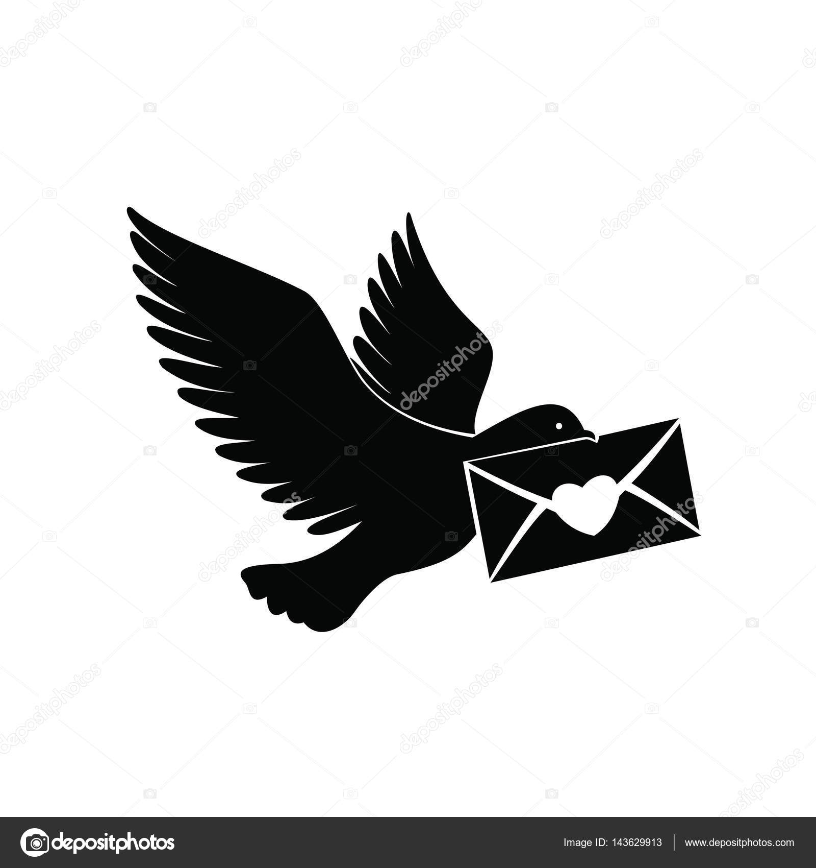 Pigeon with love letter Silhouette Pigeon with love letter icon. bird