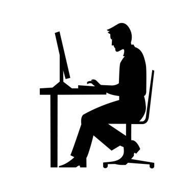 siyah bir bilgisayar kutsal kişilerin resmi, vektör, çalışan adam oturan bir adam silüeti