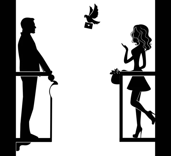 Černá silueta muže a žena stojící na balkony naproti sobě, Žena poslal holubice s milostný dopis k muži, láska vzdálenost vektorové ikony — Stockový vektor
