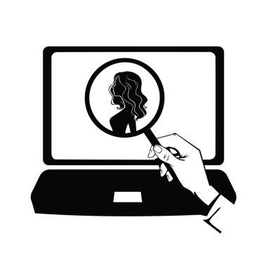  bir kadın, bir kadın internette, elini bir büyüteç simgesini vektör ile silüeti arayan bir adam hayran adam