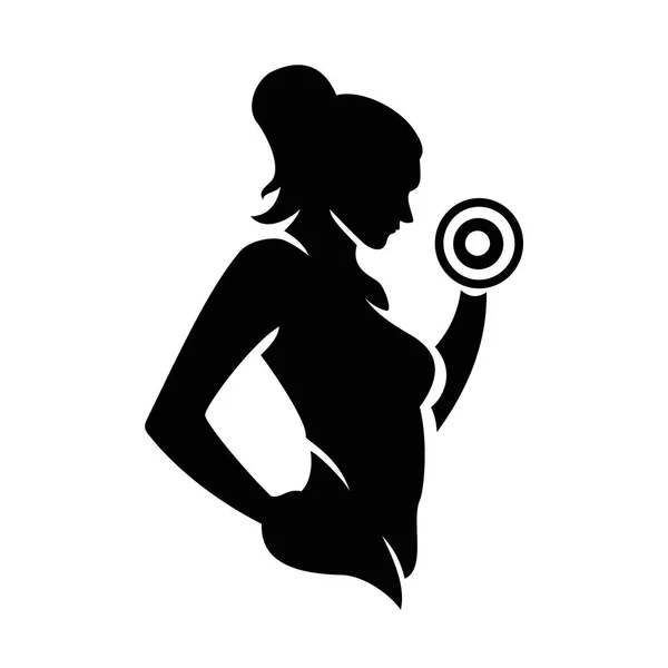 Silueta de una chica con un ícono de mancuerna, un entrenamiento de chica, logo deportivo. Signo de cuerpo deportivo saludable — Vector de stock