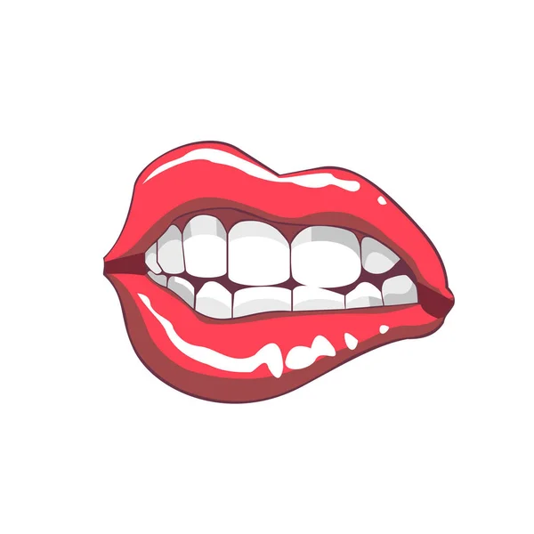 Sexy brilhante gordinha lábios femininos, dentes brancos, Feminino sorriso adesivo, ícone de lábios, logotipo — Vetor de Stock