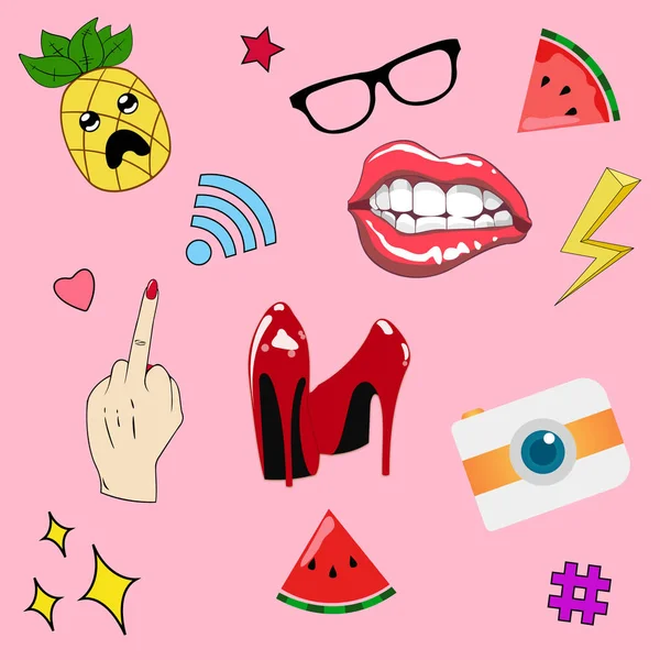 Set of fashionable patches elements. colorful patches : pineapple, lips, camera, stars, hearts, high heels, watermelon, wifi, lightning, glasses, hashtag, fuck off, middle finger up. Vector, sticker — Wektor stockowy
