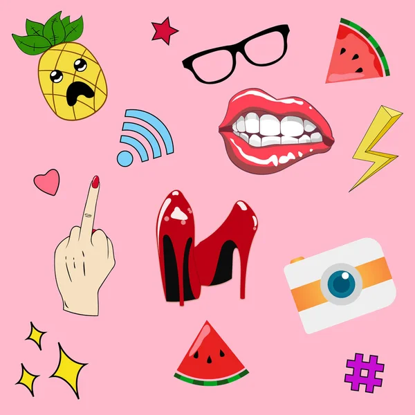 Conjunto de parches de moda elementos. parches de colores: piña, labios, cámara, estrellas, corazones, tacones altos, sandía, wifi, relámpagos, gafas, hashtag, vete a la mierda, dedo medio hacia arriba. Vector, pegatina — Vector de stock