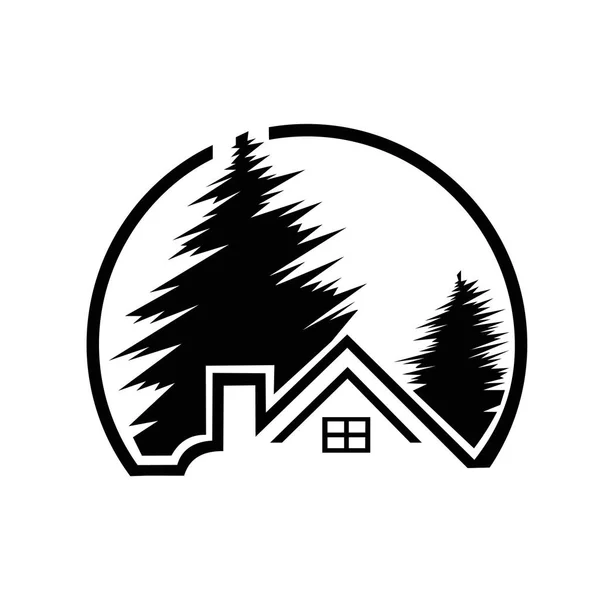 Maison icône noire dans la forêt. Logo de l'entreprise de construction, Symbole d'entreprise créatif, Panneau d'entreprise, Logo de réparation de toit, Icône d'amélioration de la maison . — Image vectorielle