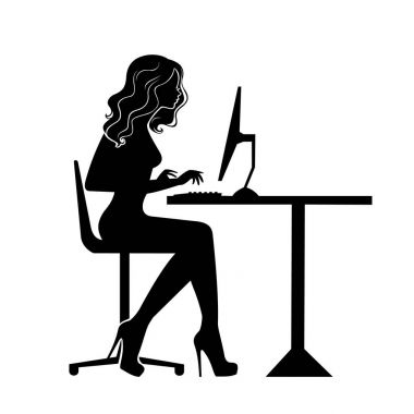siyah bir bilgisayar kutsal kişilerin resmi, vektör, çalışan kadın oturan bir kadın silüeti. 