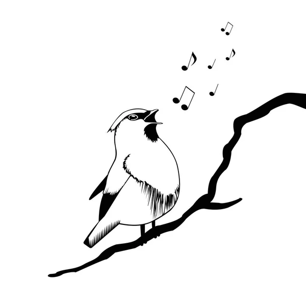 Mignon petit oiseau chante avec ses notes bec et mouche, illustration vectorielle, vecteur, logo, signe — Image vectorielle