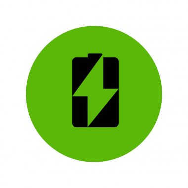 Eko pil şarj simgesi. Taburcu ve tam dolu pil. Vektör çizim düz tarzı. Logosunu görmeniz gerekir. İşareti. Ekolojik