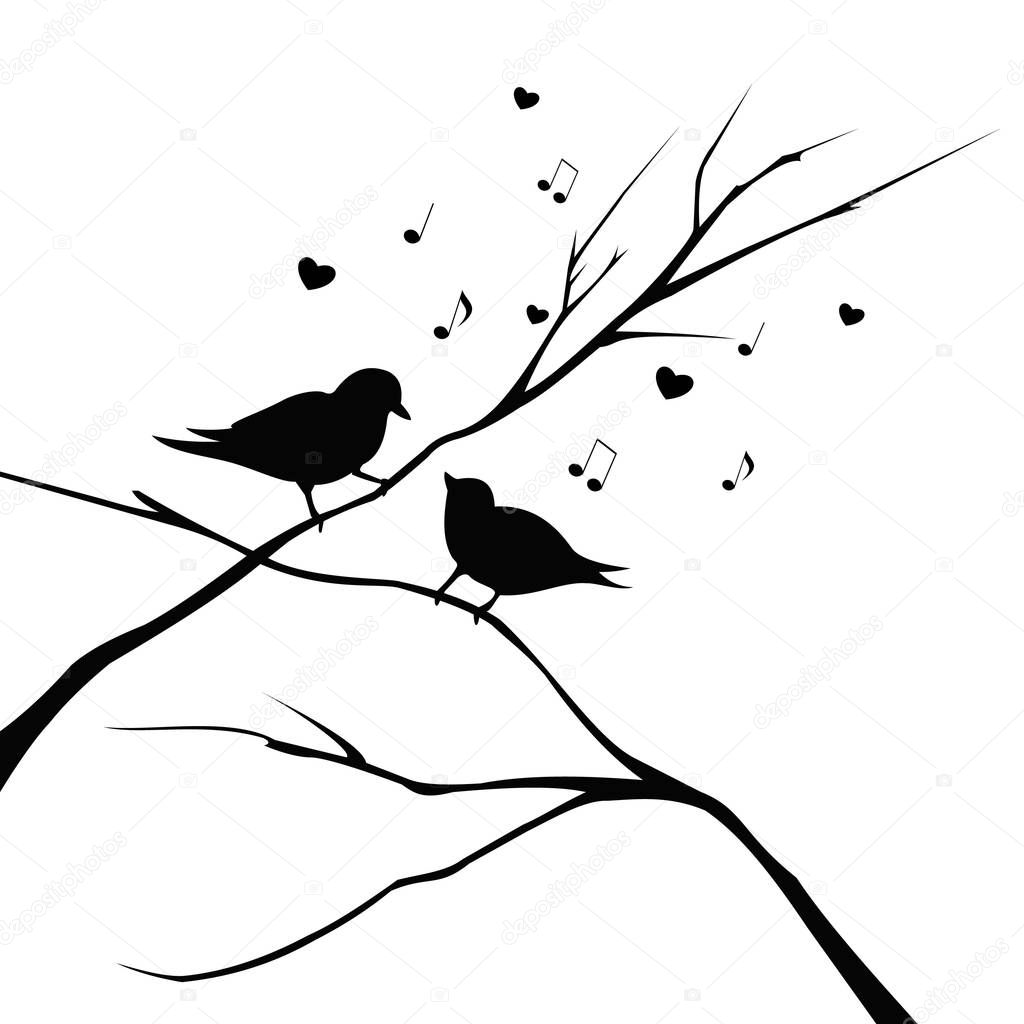 Two loving birdies sit on branches and sing, cute little birds sings with their beaks and fly notes, Vector illustration, vector, logo, sign