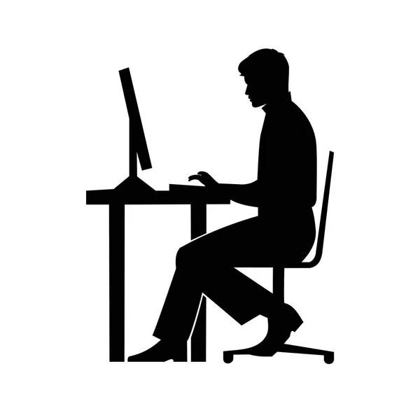 siyah bir bilgisayar kutsal kişilerin resmi, vektör, çalışan adam, iş yeri kavramı, laptop çalışma öğrenci arkasında oturan bir adam silüeti