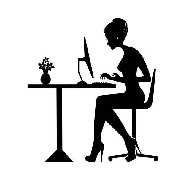 Black silhouette of a woman sitting behind a computer icon, vector, working woman. Businesswoman or student working at laptop, workplace concept — Stock Vector