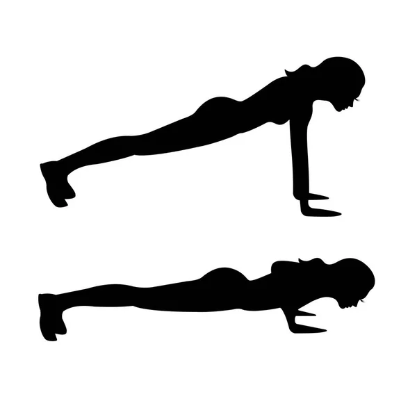 Silueta negra de una chica que hace ejercicios icono, mujer presiona signo, logo deportivo — Vector de stock