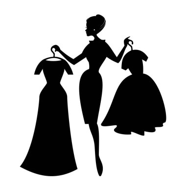 Siluet genç güzel kadın bir elbise bir giyim mağazası simge vektör seçer, uzun ve kokteyl ile Bayan elbiseler, showroom logosu