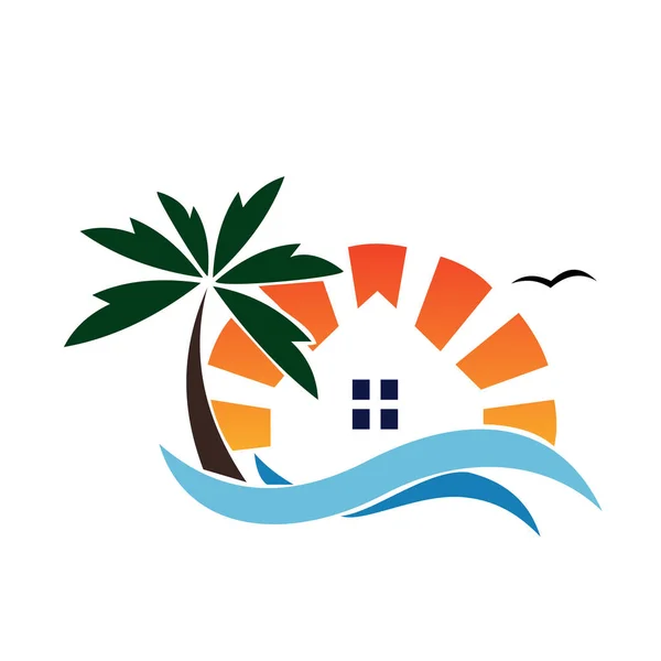 Yaz Adası meslek seyahat. Island Beach avuç içi, masmavi bir deniz ve gökyüzü. Seasone meslek, tatil, hafta sonu simgesi. Otel simge vektör