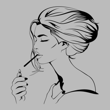 Kadın elinde sigara ikonu işareti, güzel saç vektörü, yaşam tarzı logosu, sigara içen retro kız.