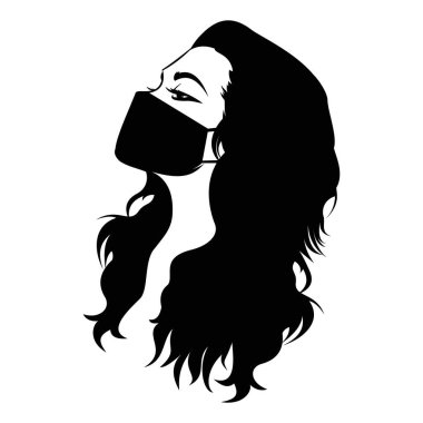 Rüzgarda sallanan siyah saç, koruma maskesi taşıyıcısı olan bir kızın silueti, Süslü Saç stili, kız sanat simgesi. Coronavirus koruma logosu. 