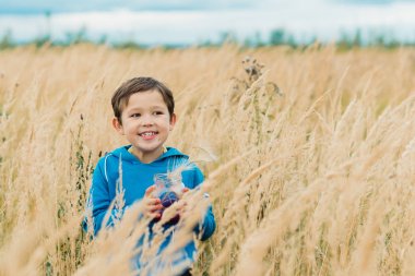 Kulakları Mısır sarı bir alan içinde bir çocuk toplar